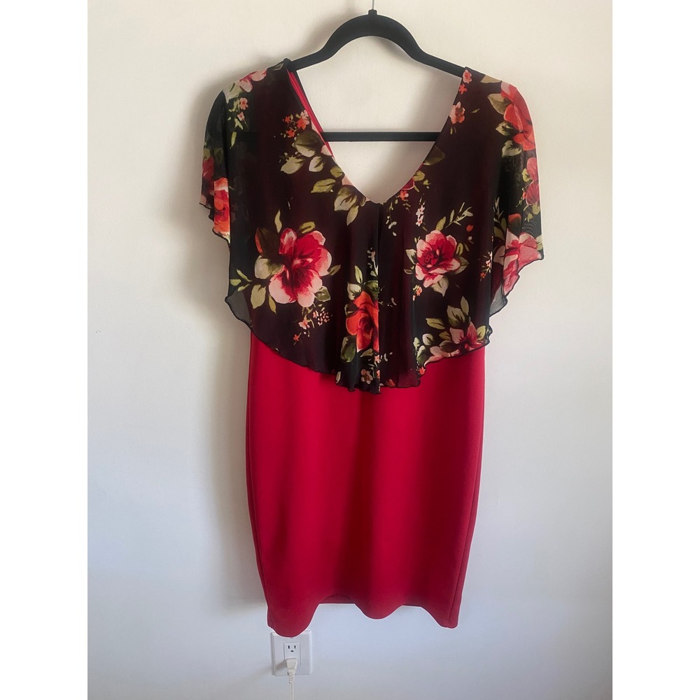 Fredes Red Floral Popover Sheath Dress Black Rose Chiffon Overlay Womens XL